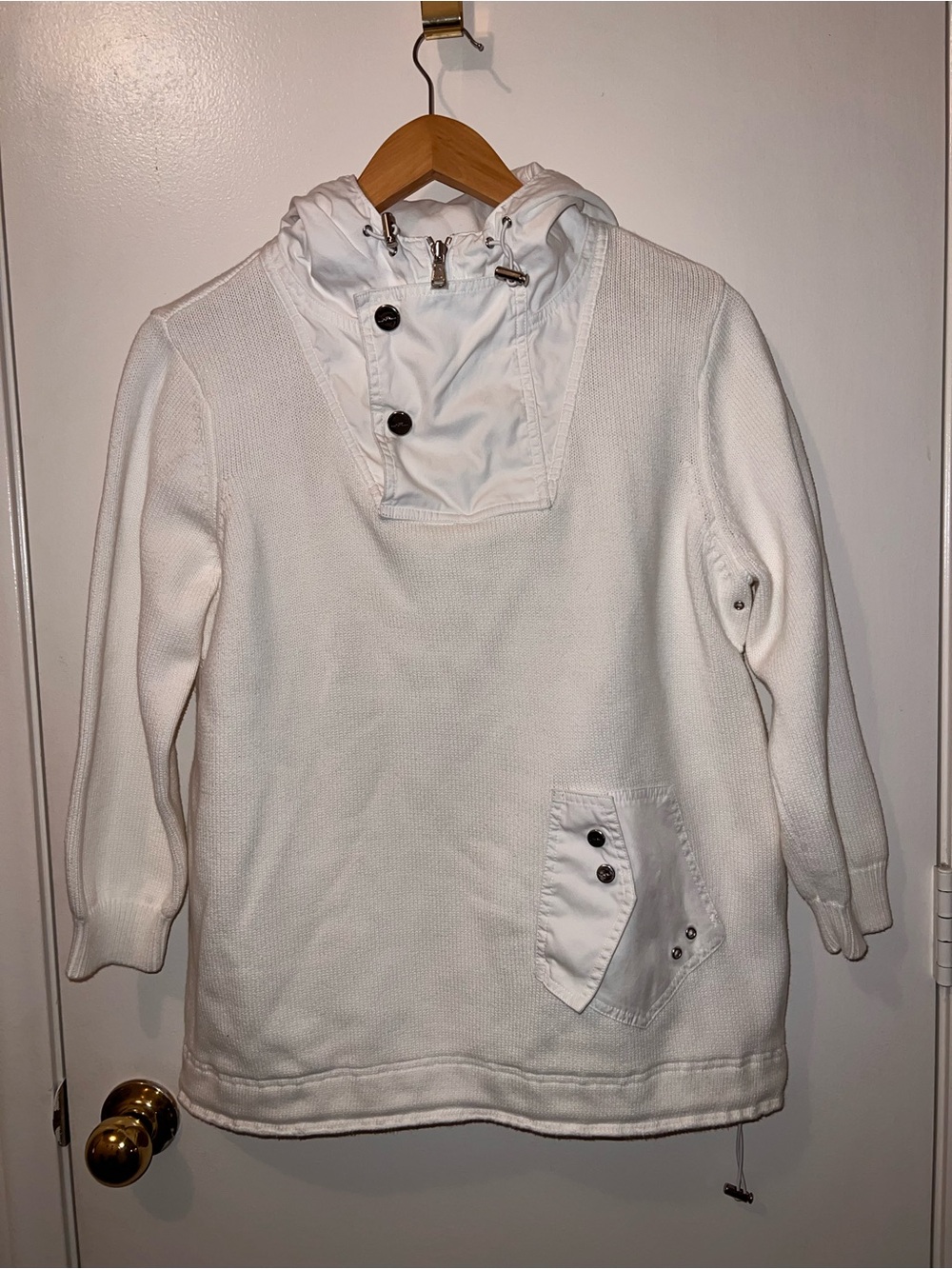 Lauren Ralph Lauren Cream Hooded Knit Pullover with Snap Pocket